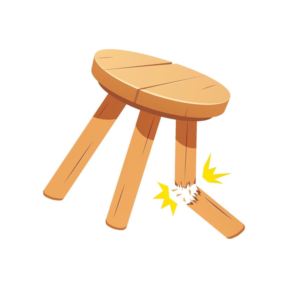 Broken three legged wooden stool isolated on white background. vector