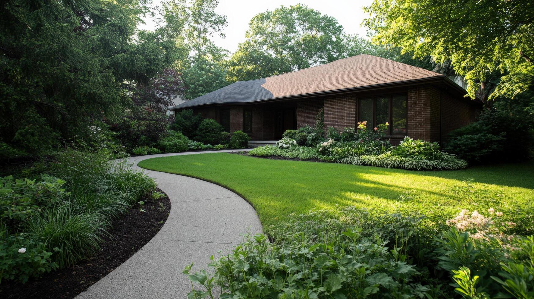 Beautiful house with lush garden and winding pathway in serene setting. photo