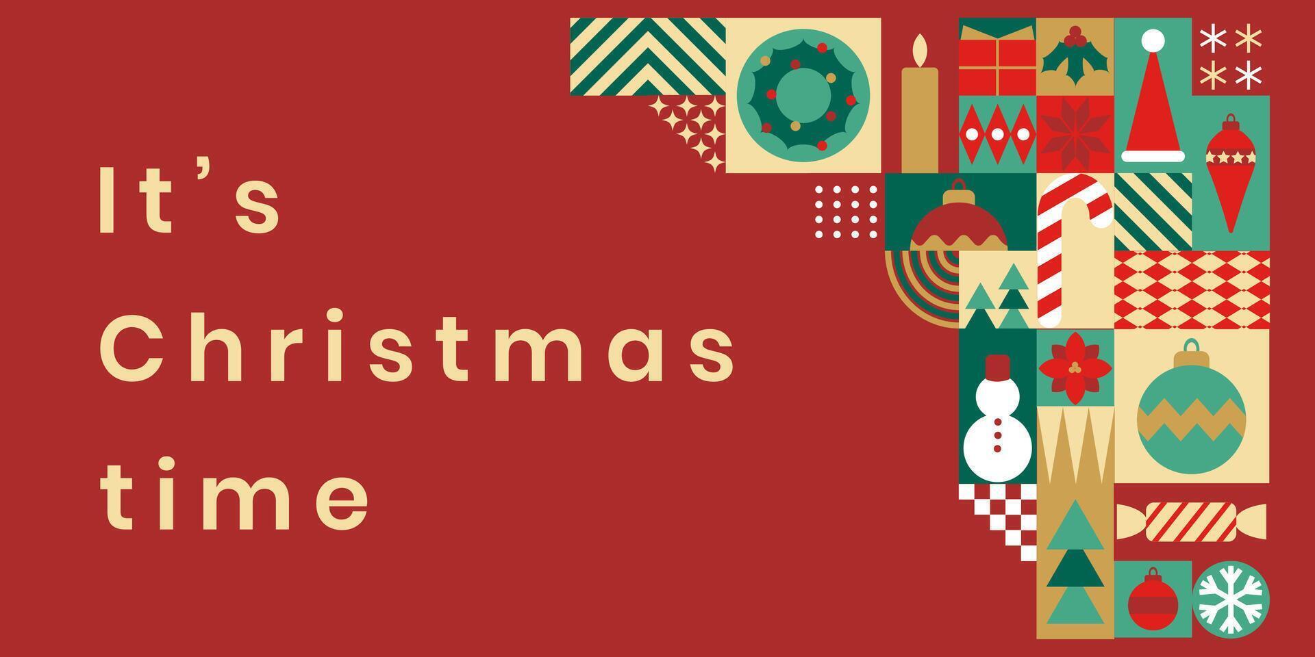 Horizontal Christmas background made of geometric tiles.It's Christmas time. Trendy modern minimalist style. Festive background for greeting card, poster, flyer, invitation. vector