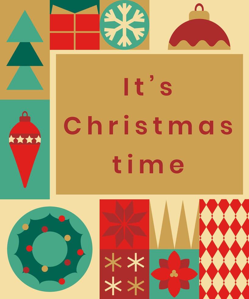Christmas background made of geometric tiles. It's Christmas time.Trendy modern minimalist style.Festive background for greeting card, poster, flyer, invitation. vector