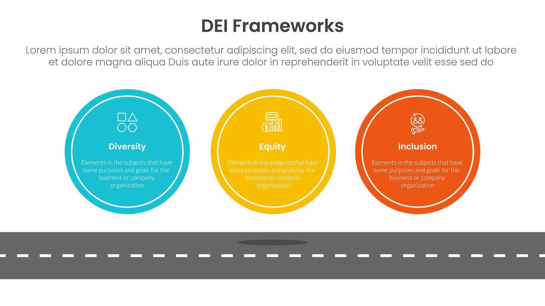 DEI organizational frameworks infographic 3 point with big circle symmetric horizontal on top of roadway for slide presentation vector