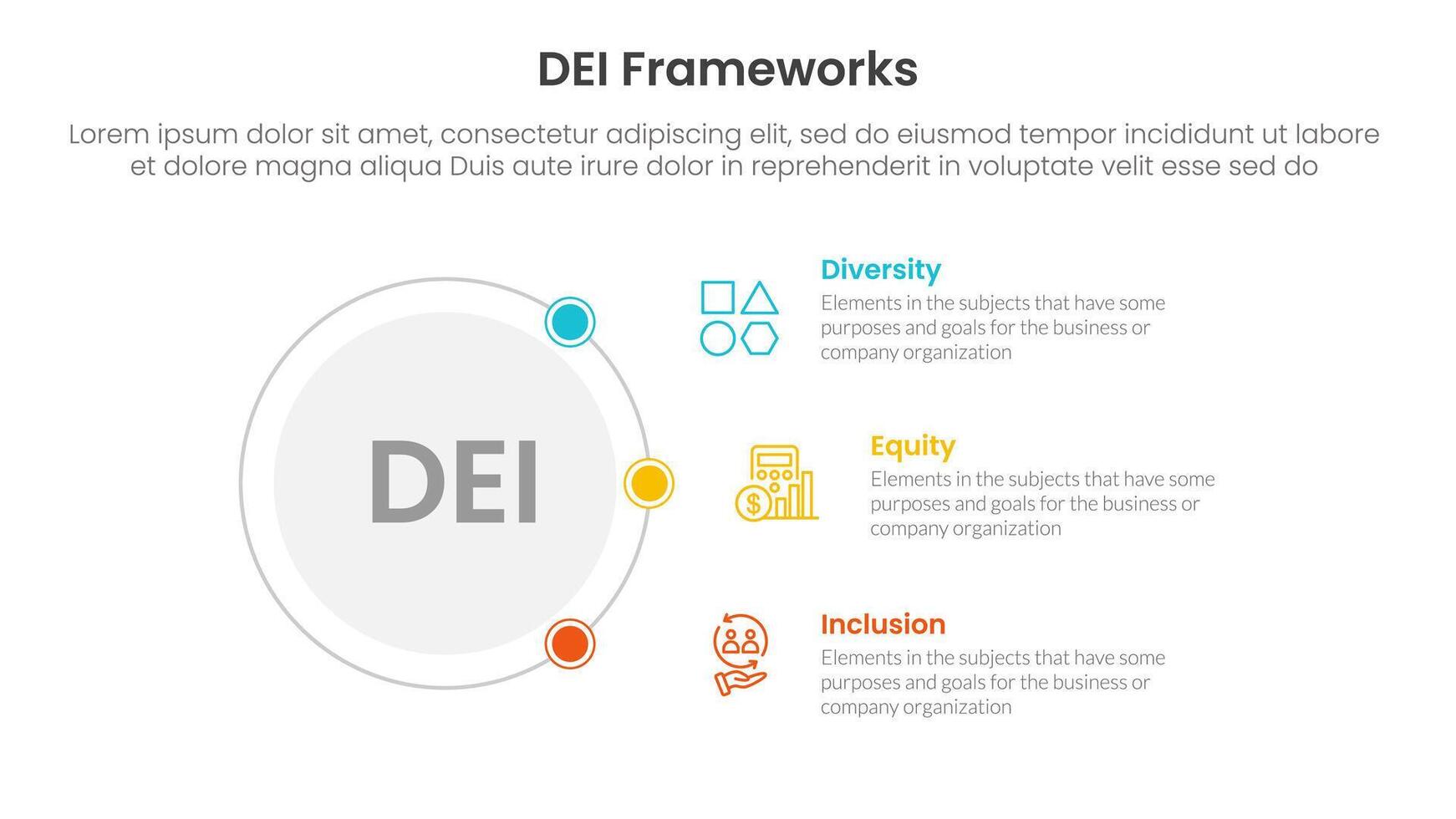 DEI organizational frameworks infographic 3 point with outline circle connecting network content for slide presentation vector
