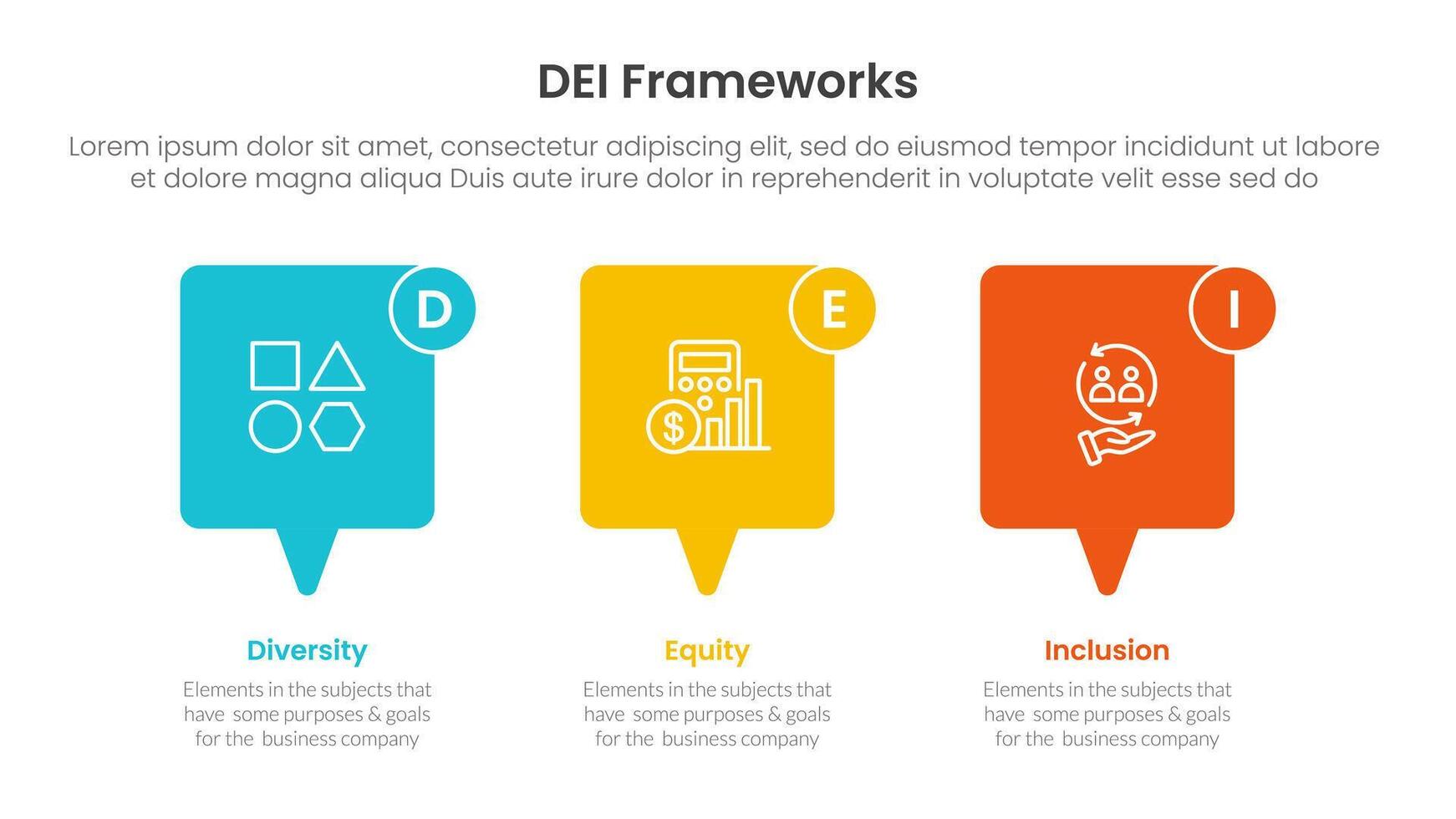 DEI organizational frameworks infographic 3 point with callout box horizontal direction for slide presentation vector