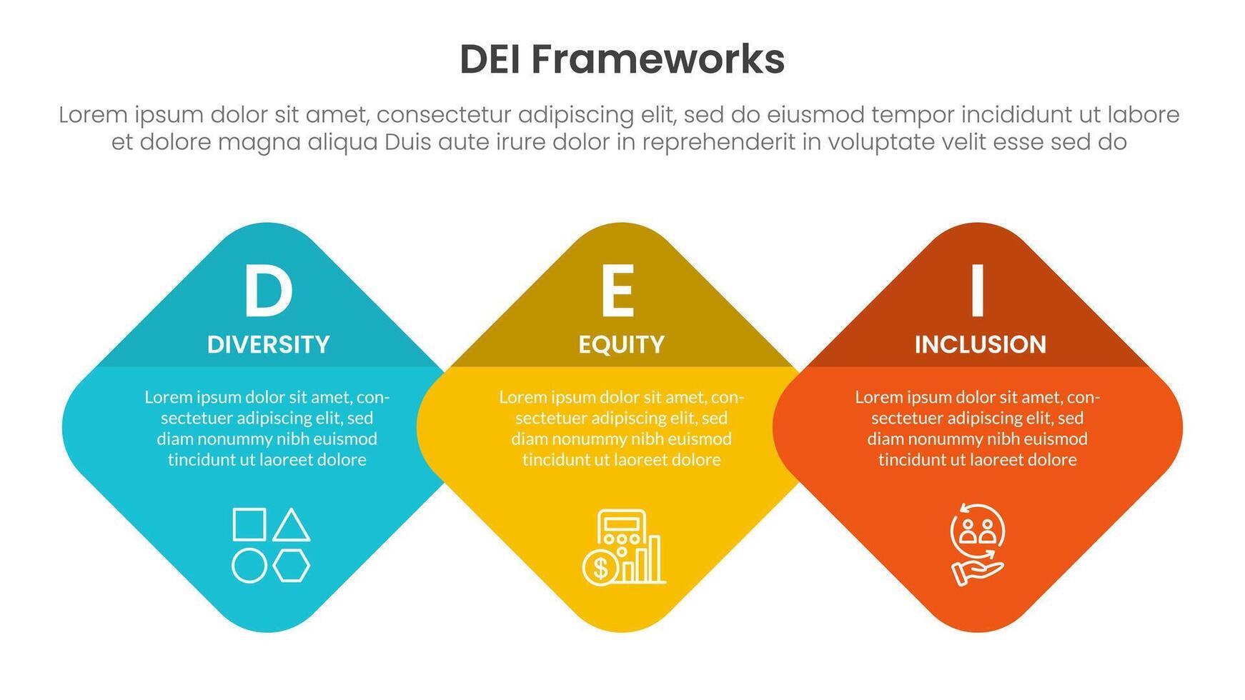 DEI organizational frameworks infographic 3 point with round diamond on horizontal direction for slide presentation vector