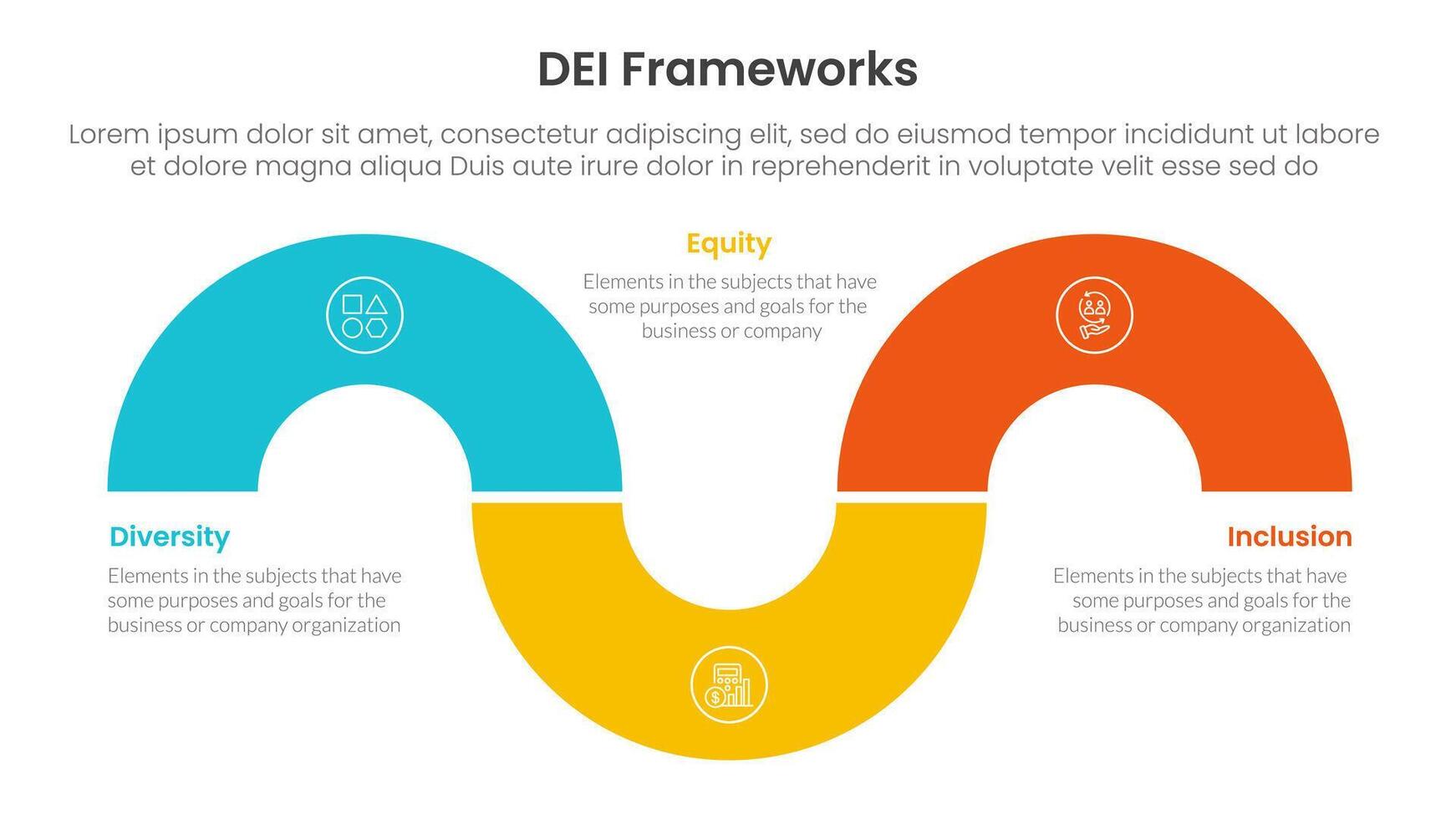 DEI organizational frameworks infographic 3 point with circular shape half circle up and down for slide presentation vector