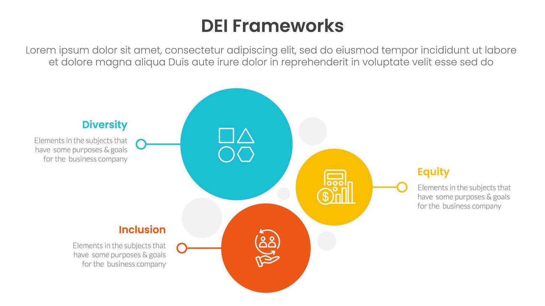 DEI organizational frameworks infographic 3 point with vertical circle stack direction for slide presentation vector
