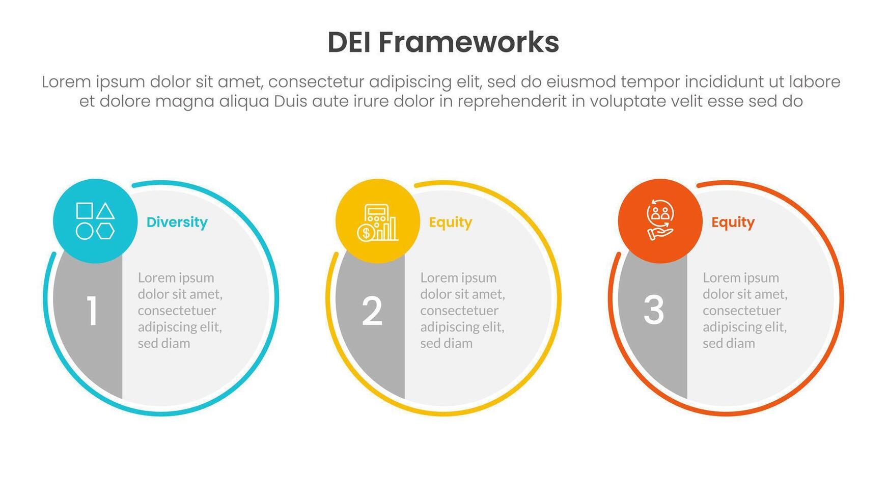 DEI organizational frameworks infographic 3 point with big circle symmetric and small circle badge on horizontal direction for slide presentation vector