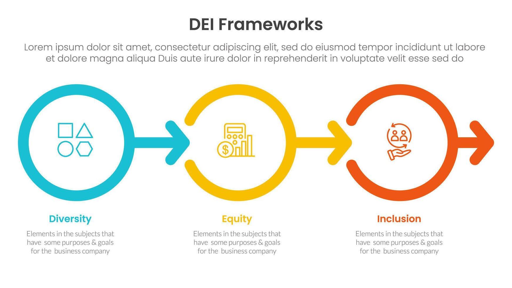 DEI organizational frameworks infographic 3 point with outline circle right arrow direction for slide presentation vector