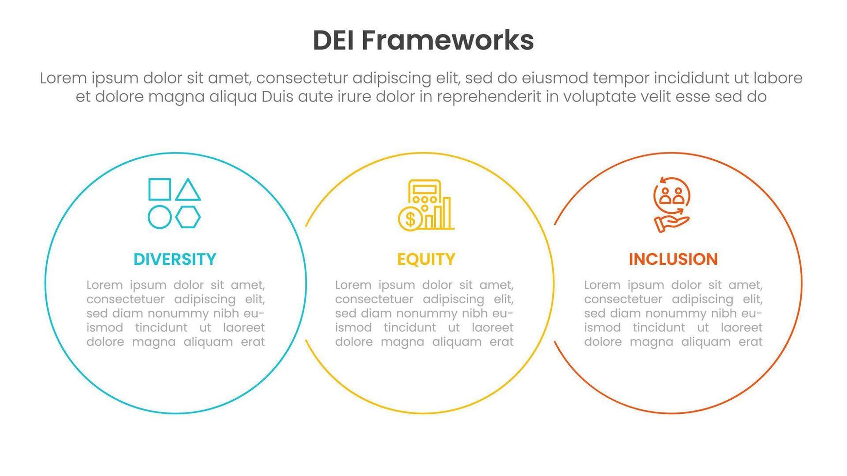 DEI organizational frameworks infographic 3 point with big circle outline union horizontal for slide presentation vector