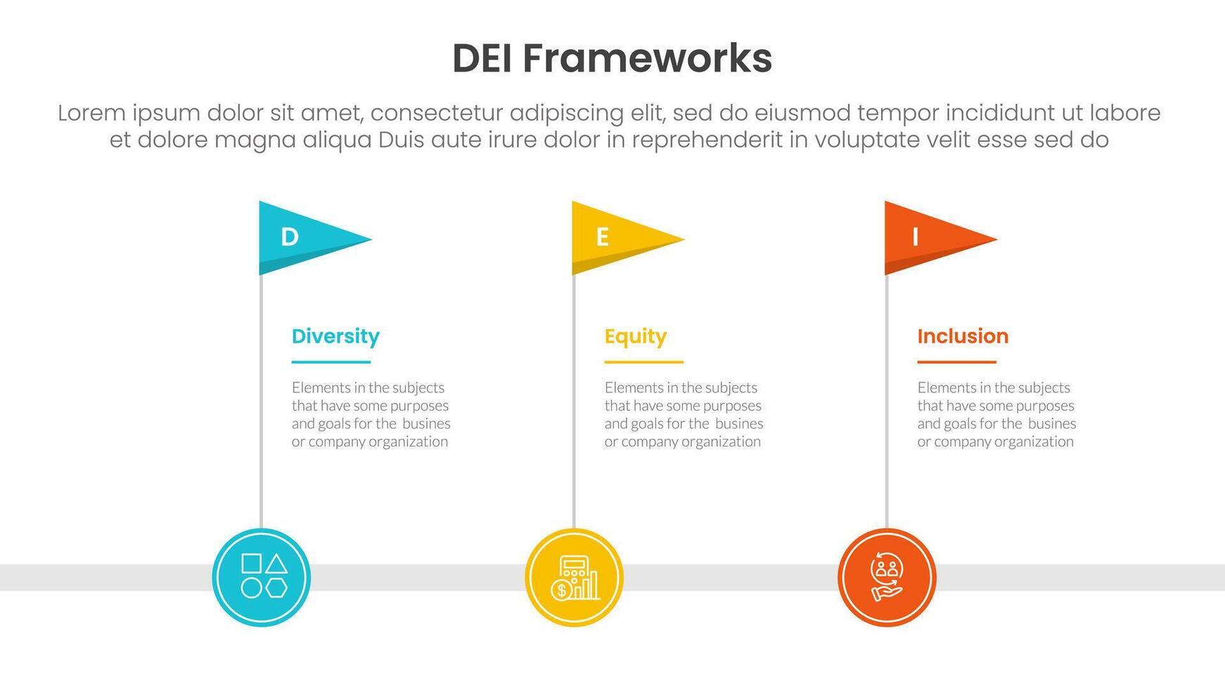 DEI organizational frameworks infographic 3 point with timeline flag horizontal for slide presentation vector