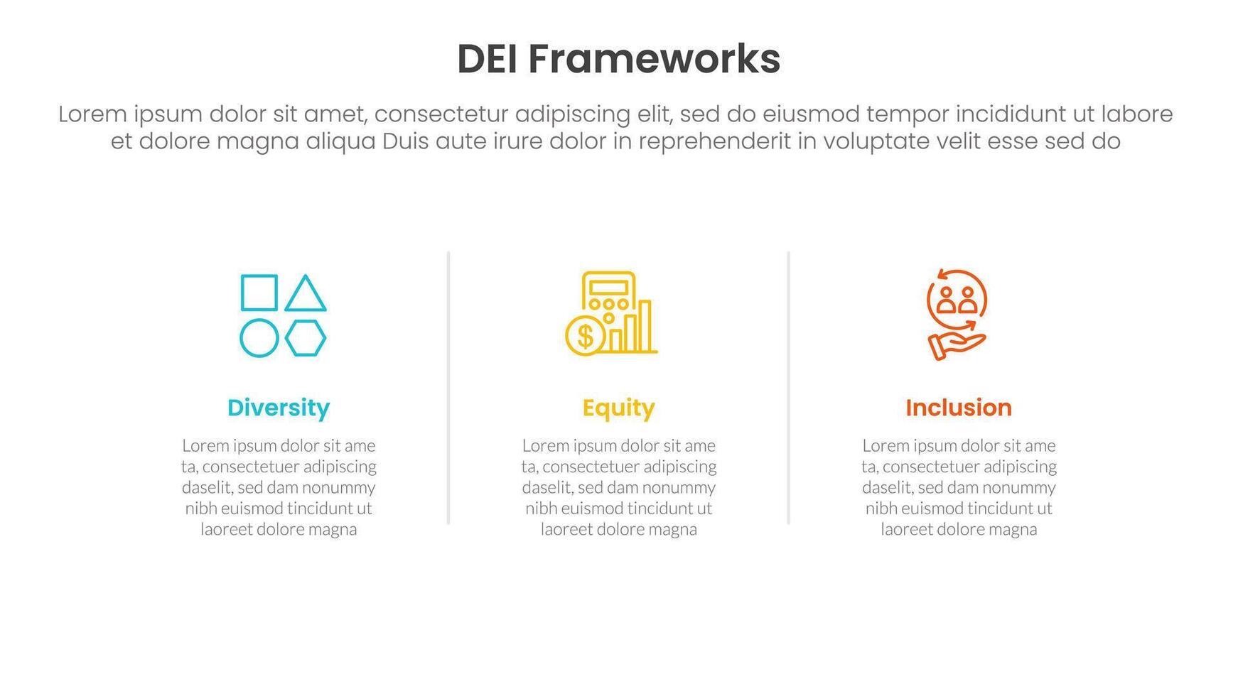 DEI organizational frameworks infographic 3 point with horizontal clean information with line divider for slide presentation vector