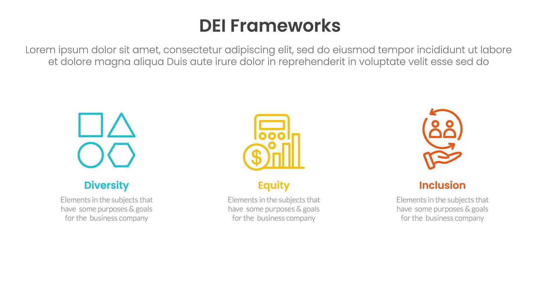 DEI organizational frameworks infographic 3 point with clean and simple information on horizontal direction for slide presentation vector