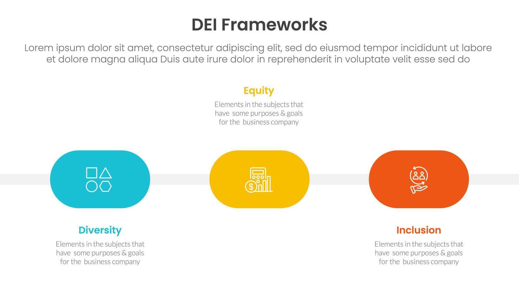 DEI organizational frameworks infographic 3 point with round shape timeline horizontal for slide presentation vector