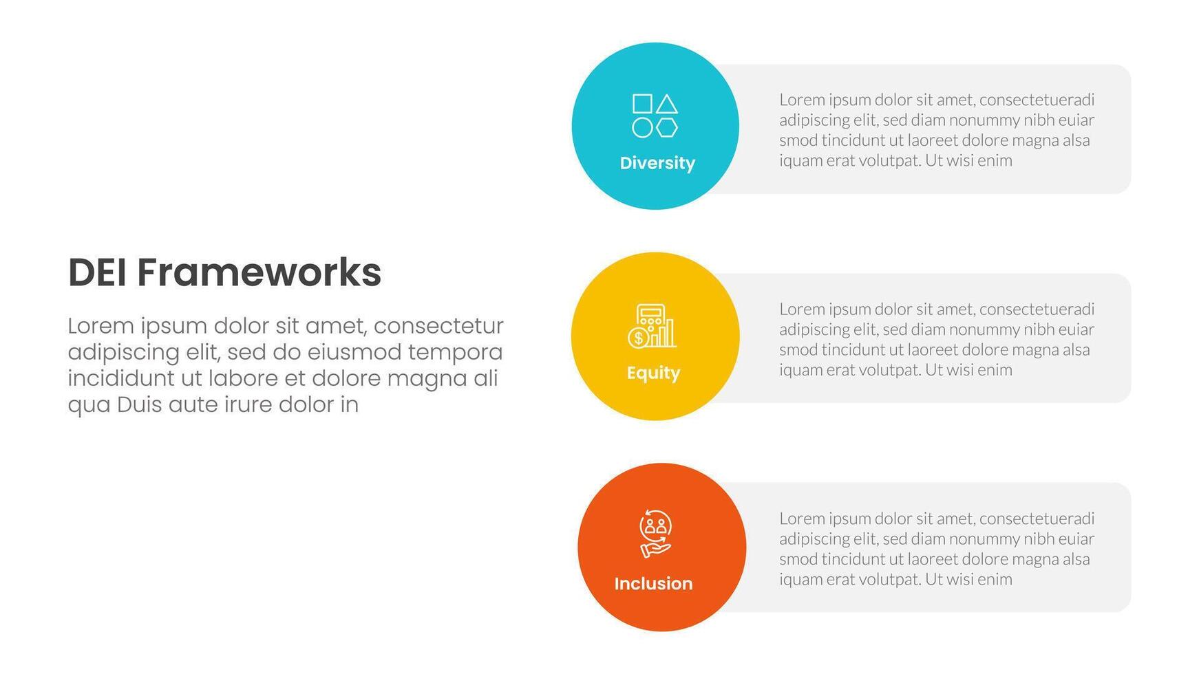 DEI organizational frameworks infographic 3 point with vertical circle shape on stack layout for slide presentation vector