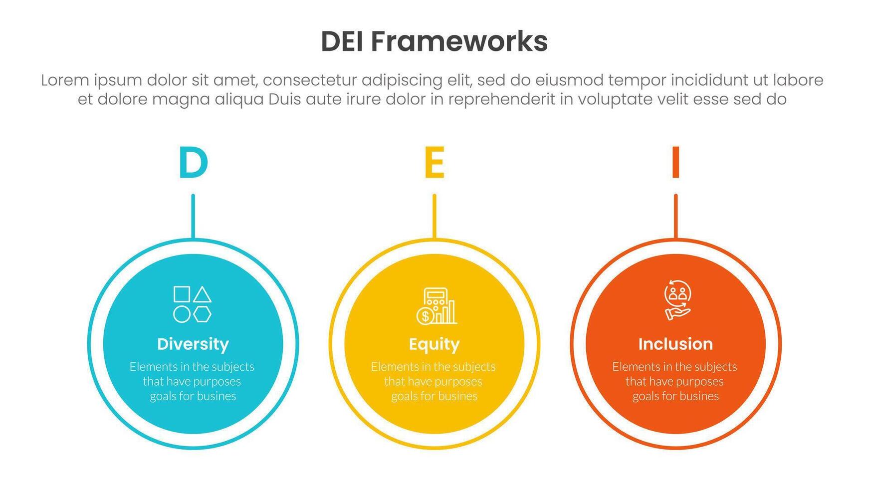 DEI organizational frameworks infographic 3 point with big circle outline horizontal for slide presentation vector