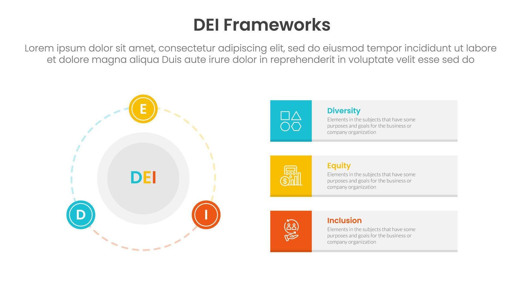 DEI organizational frameworks infographic 3 point with big circle and outline badge on the line for slide presentation vector