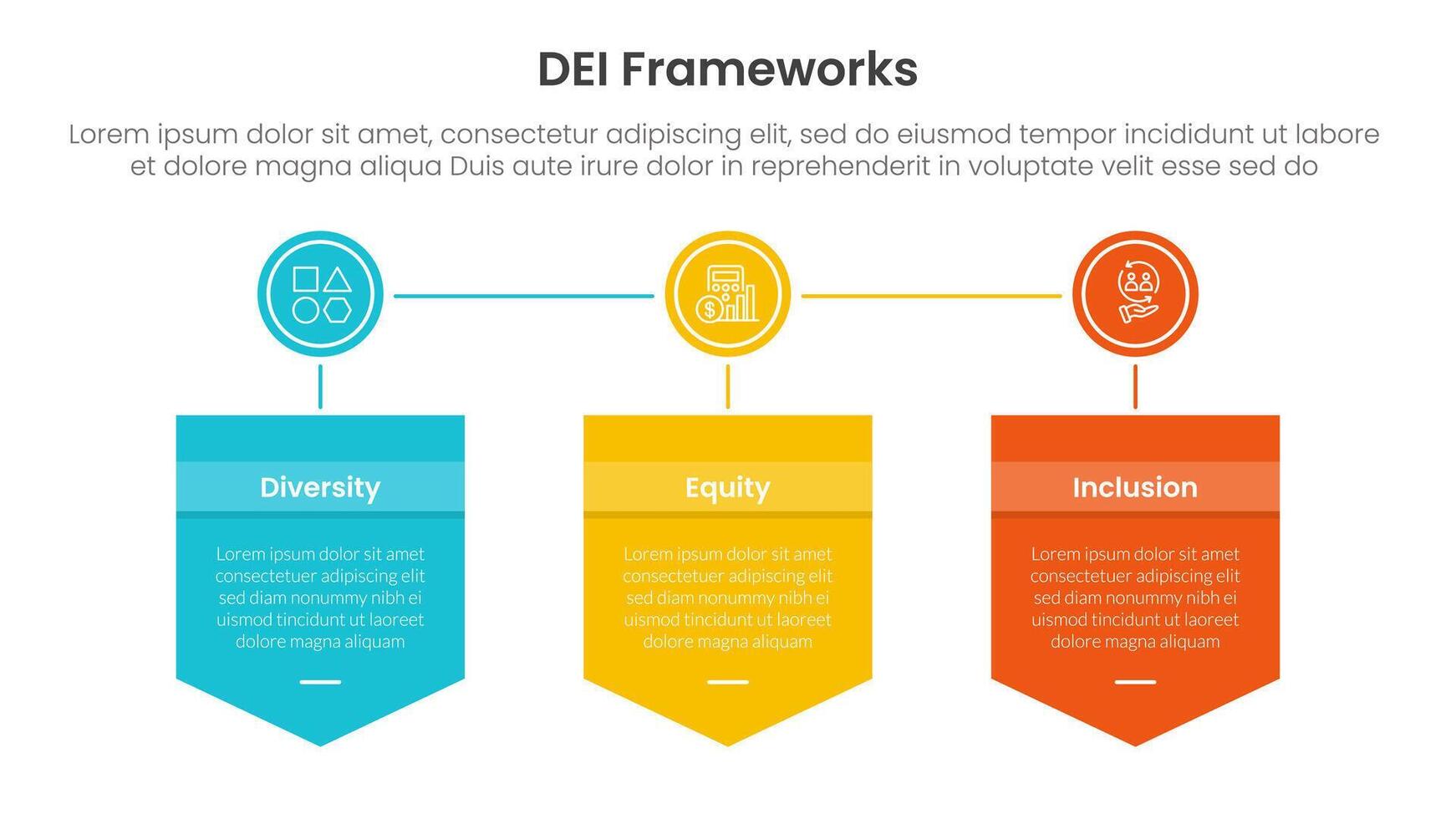 DEI organizational frameworks infographic 3 point with badge box shield and circle connected for slide presentation vector