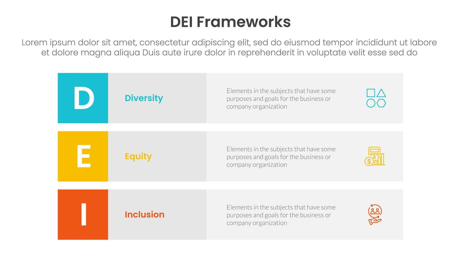 DEI organizational frameworks infographic 3 point with 3 block row rectangle content stack for slide presentation vector