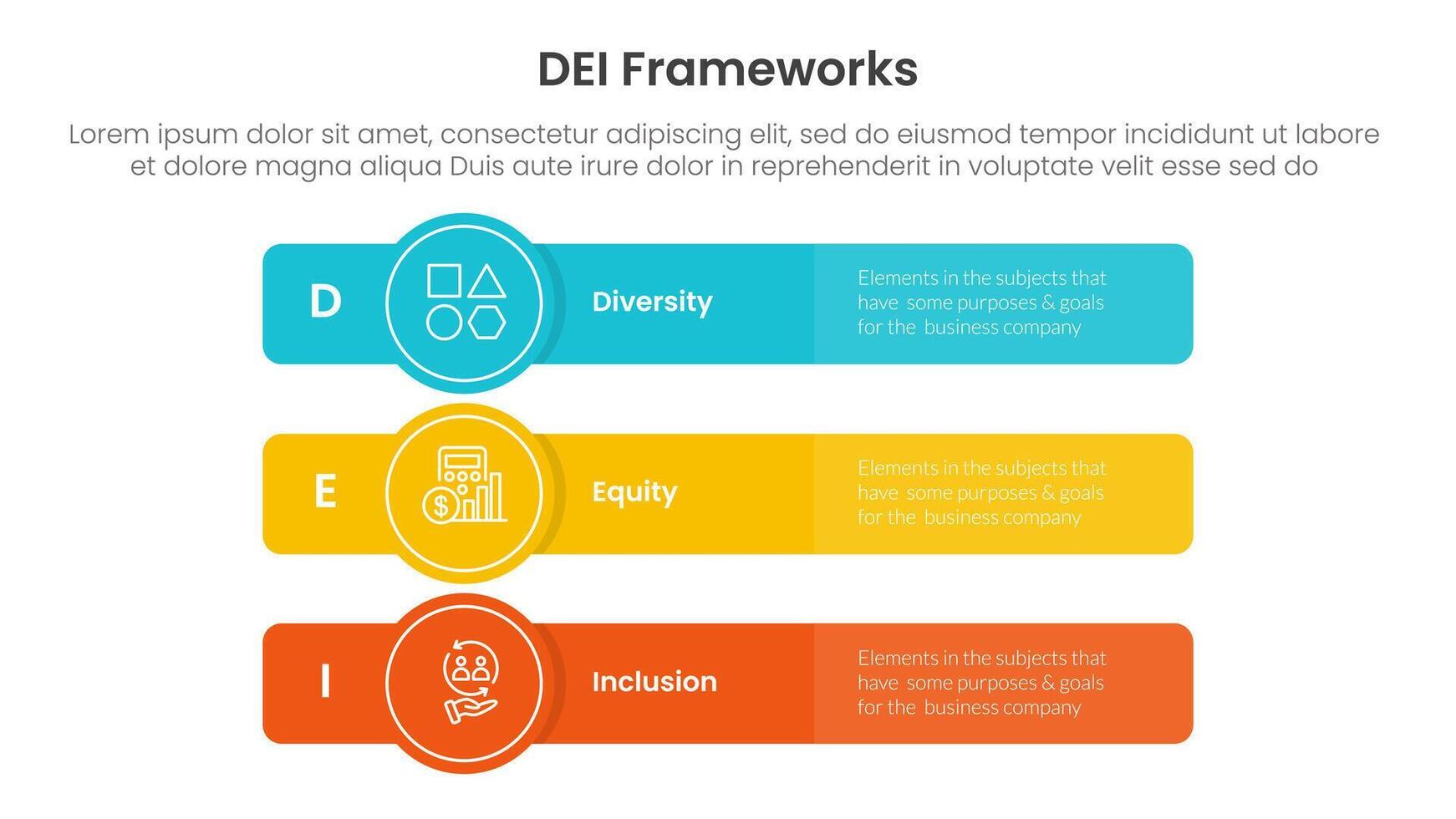 DEI organizational frameworks infographic 3 point with long rectangle box with circle badge for slide presentation vector