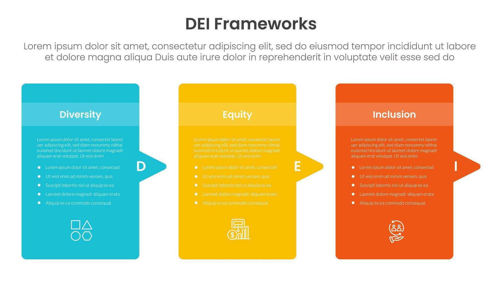 DEI organizational frameworks infographic 3 point with round box container with arrow right side direction for slide presentation vector