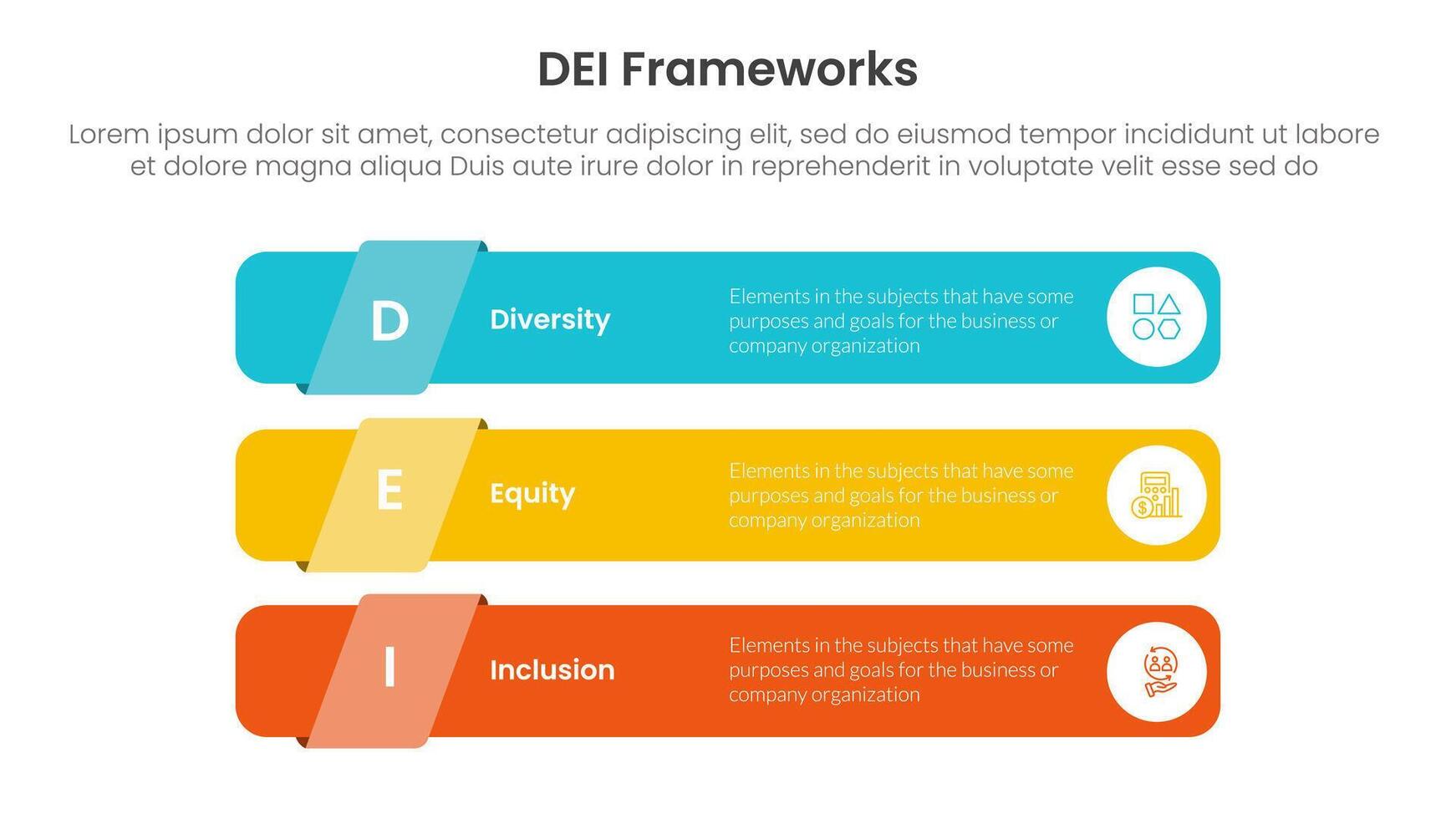 DEI organizational frameworks infographic 3 point with long round rectangle shape stack for slide presentation vector