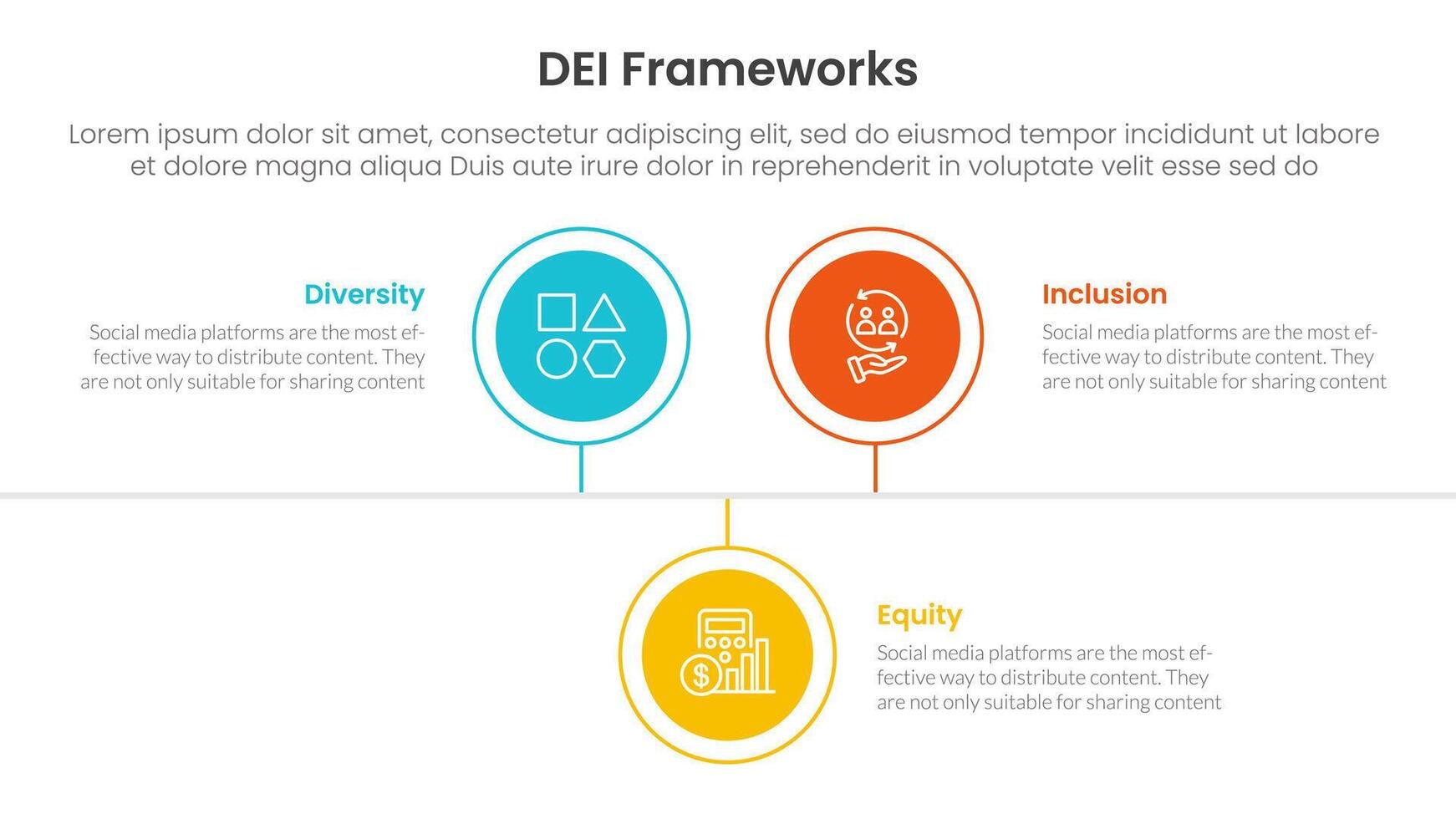 DEI organizational frameworks infographic 3 point with circle timeline right direction up and down for slide presentation vector