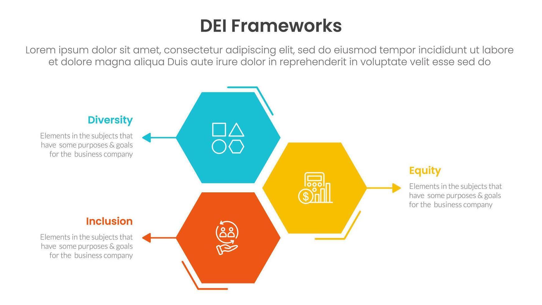 DEI organizational frameworks infographic 3 point with hexagon or hexagonal shape vertical stack for slide presentation vector