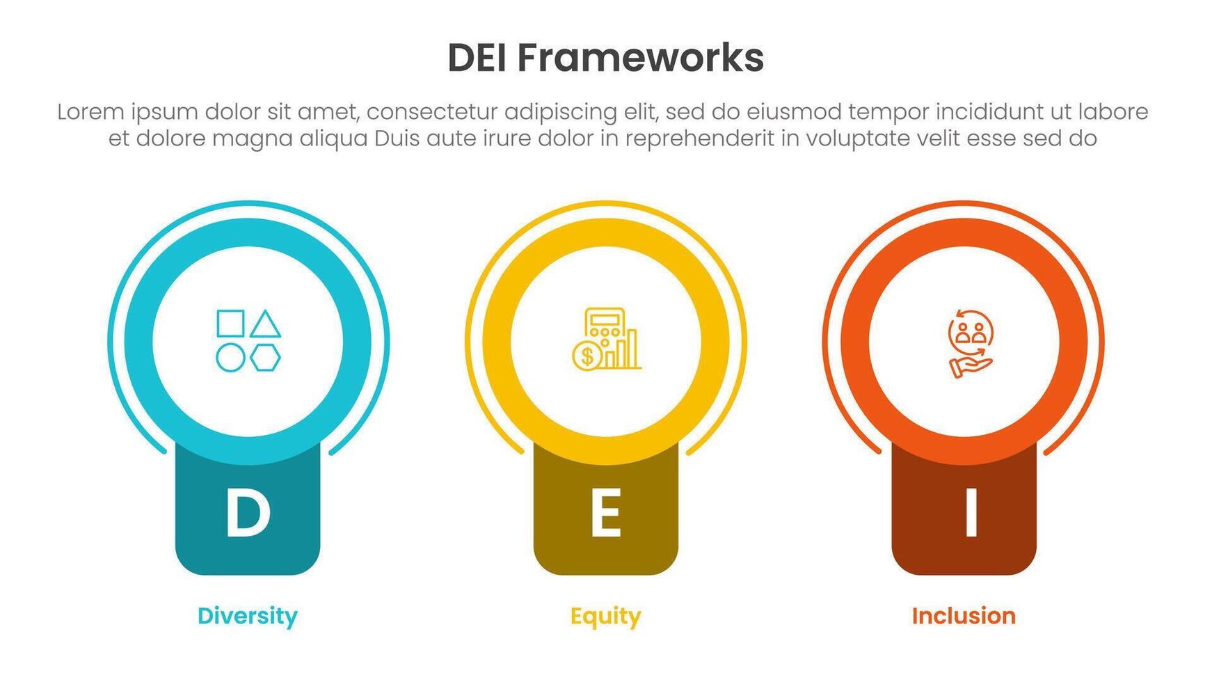 DEI organizational frameworks infographic 3 point with badge circle banner shape for slide presentation vector