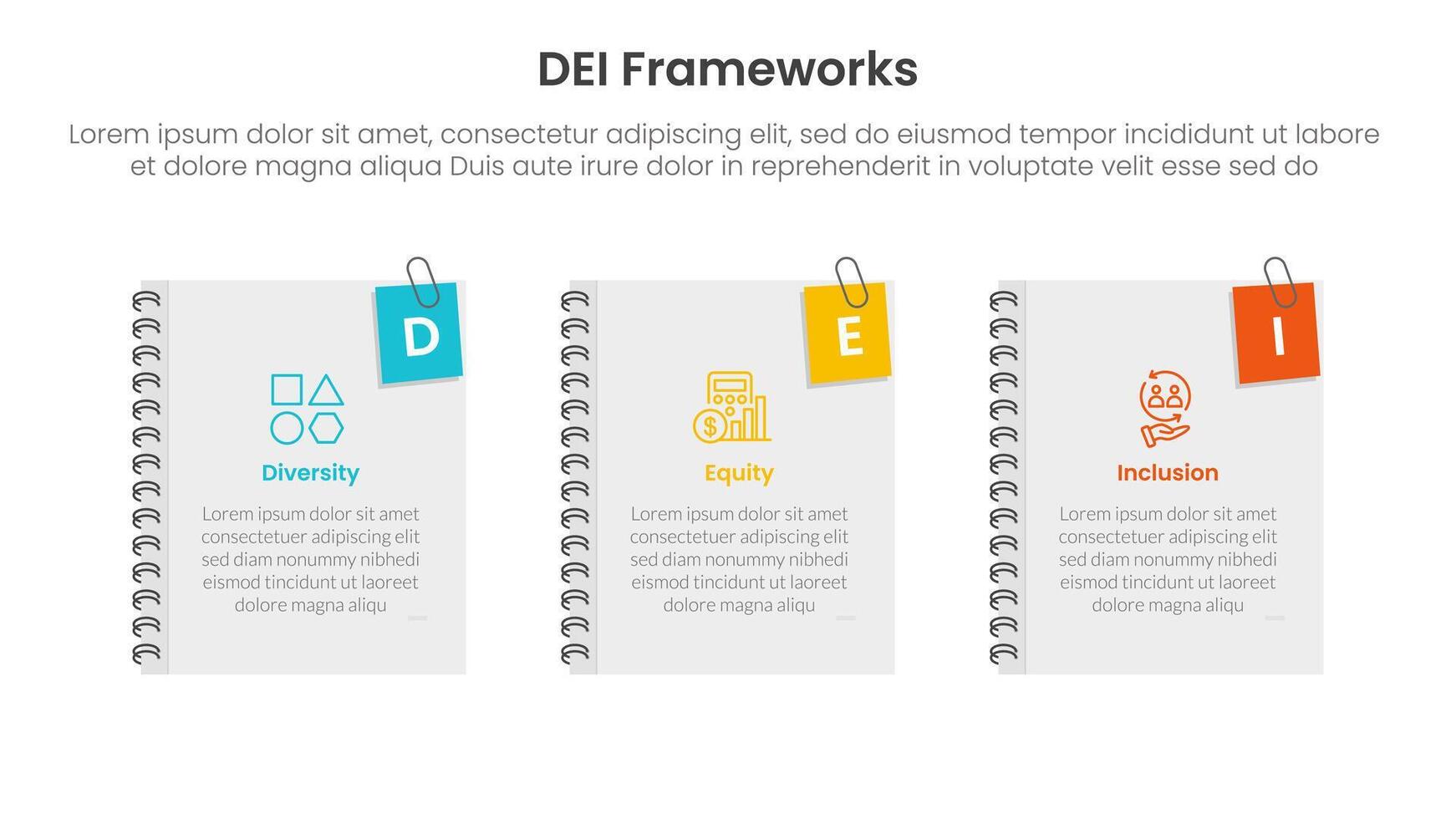 DEI organizational frameworks infographic 3 point with books cover with pin holder on right side for slide presentation vector