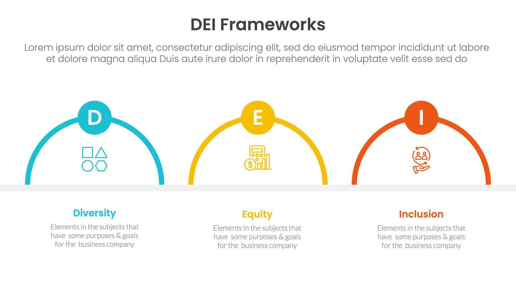 DEI organizational frameworks infographic 3 point with half circle shape outline for slide presentation vector