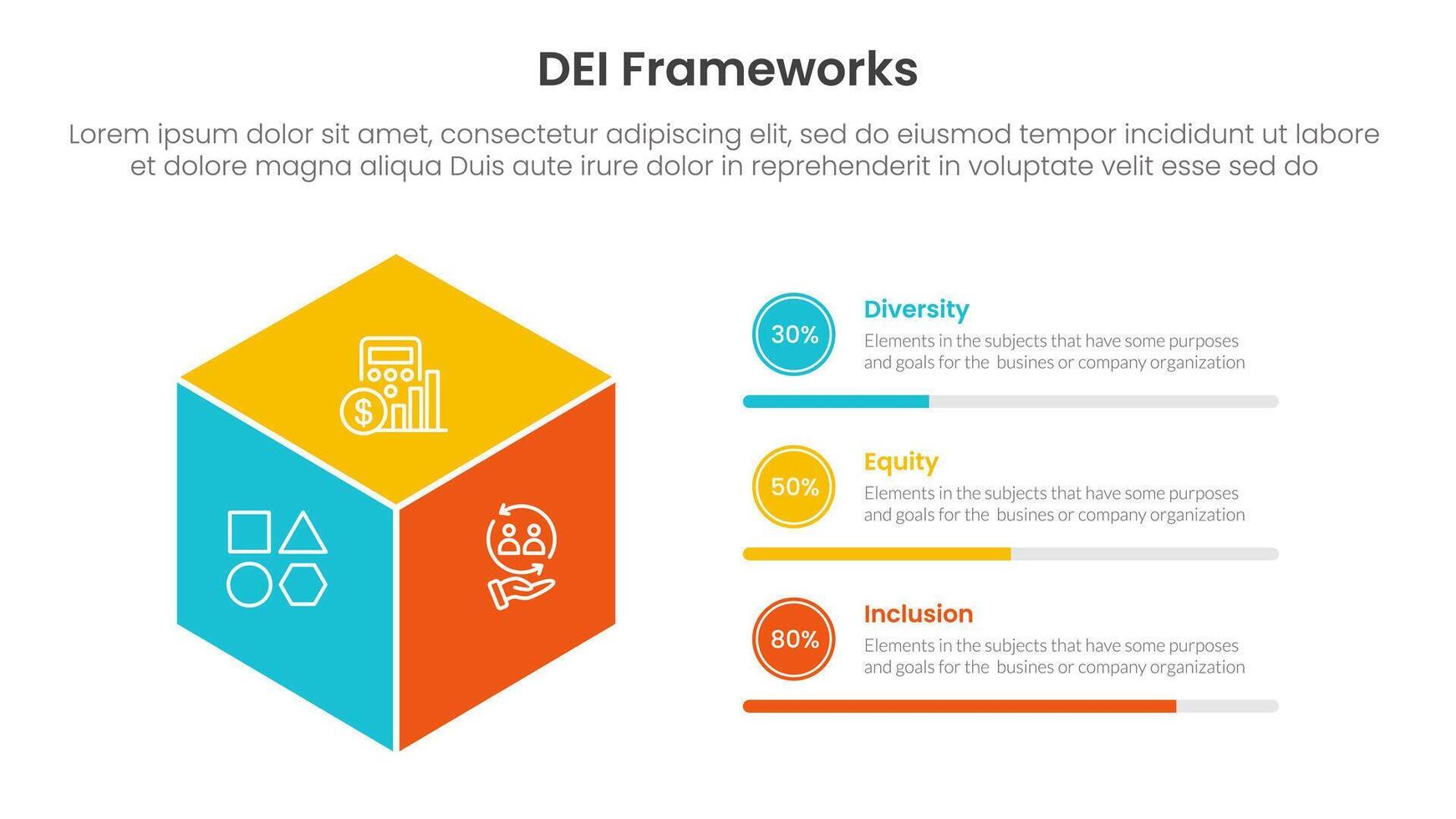 DEI organizational frameworks infographic 3 point with 3d box shape with circle progress description for slide presentation vector