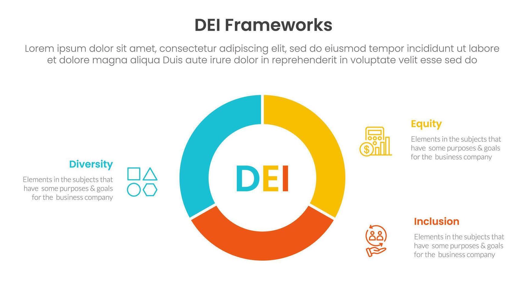 DEI organizational frameworks infographic 3 point with circle pie chart diagram cutted outline for slide presentation vector
