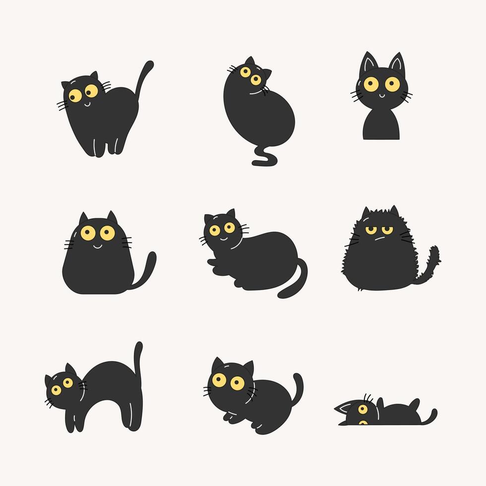 Black cat icon collection. flat style elements. cartoon isolated illustration vector