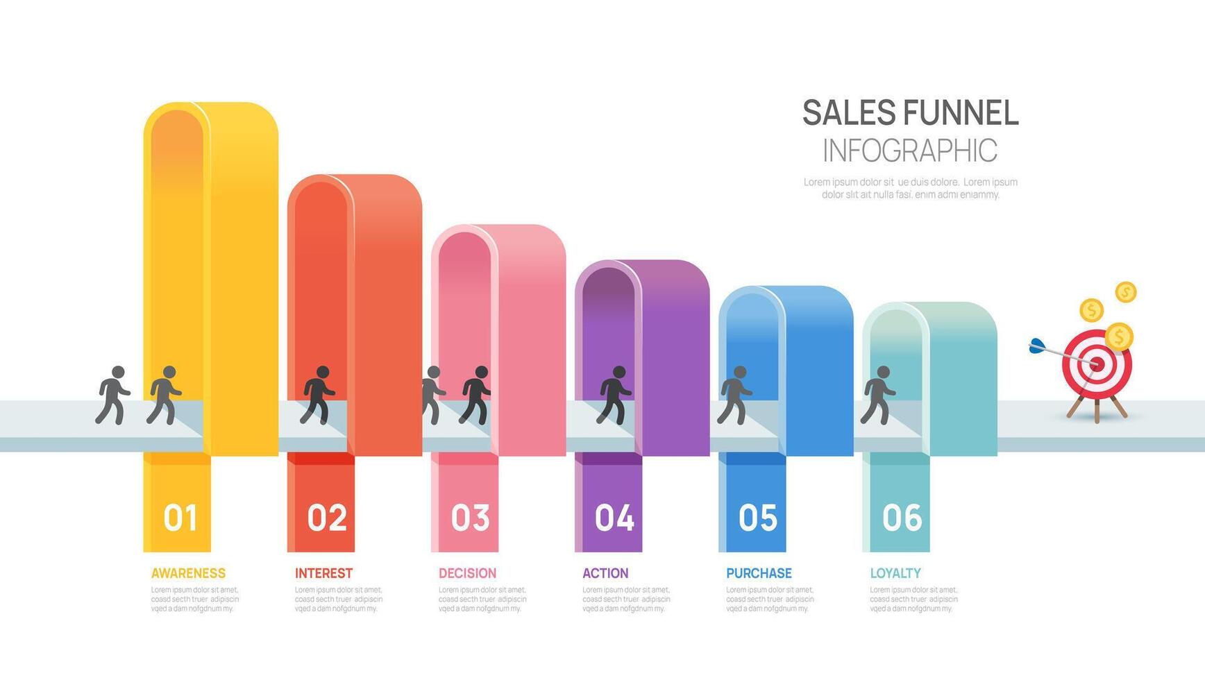 Sales funnel Infographic diagram template for business.6 steps marketing and startup business. vector