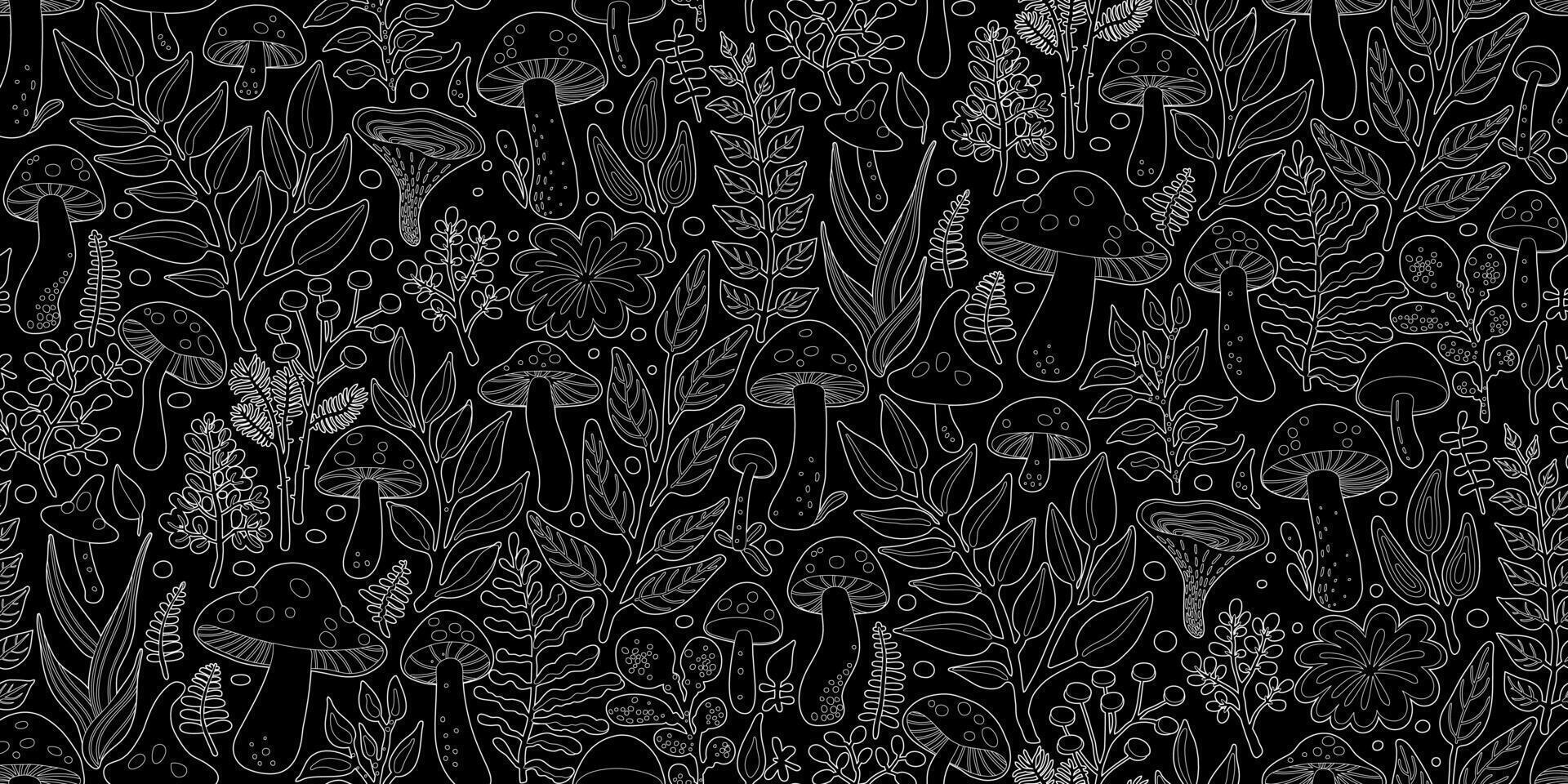 Thin White Line Art Illustration featuring Seamless Pattern of Various Mushrooms and Plants, Herbs and Leaves on Black Background. Design for Textiles, Fabrics, Wallpapers, Wrappings. vector