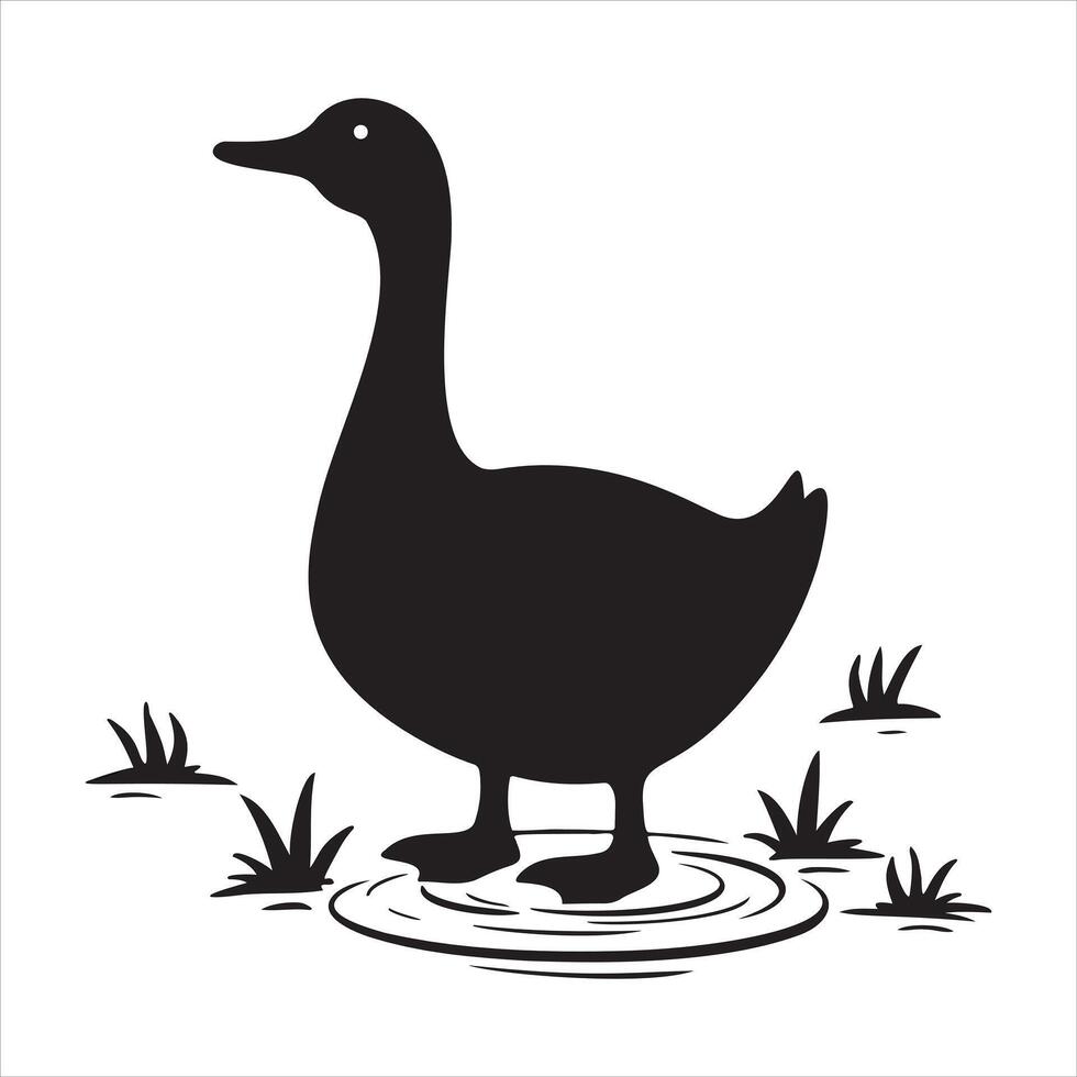 Duck Silhouette in Water with Grass Blades Illustration vector