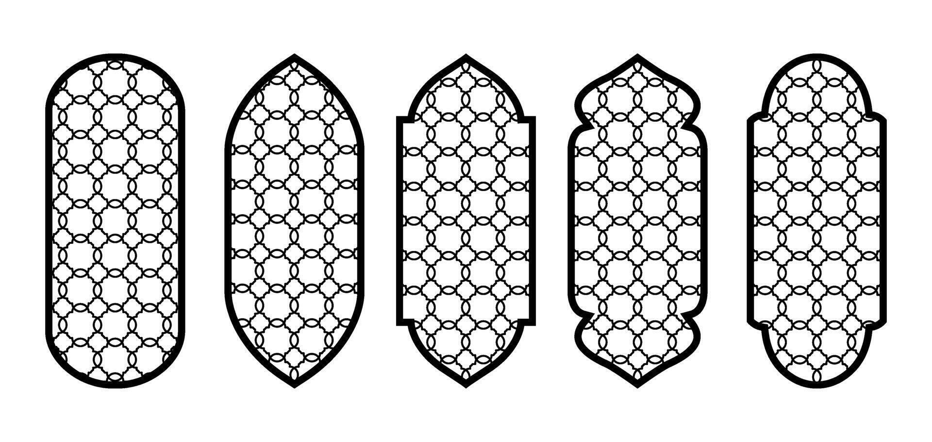 Set of Arabic or Islamic windows with geometric girikh pattern, silhouette Arabic arch. Luxury set in oriental style. Arabic muslim architecture design elements, ramadan frames. . CNC, laser vector