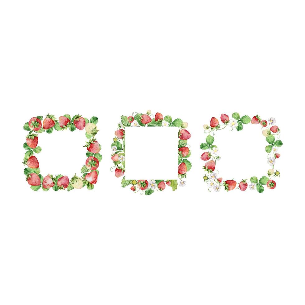Watercolor straberry set with wreath and frame vector