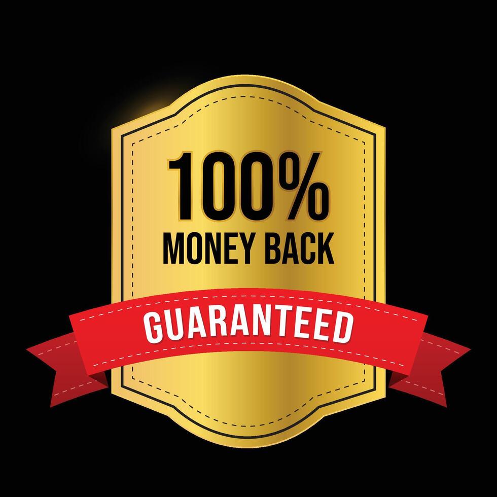 100 percent money back design with golden gradient and red ribbon vector
