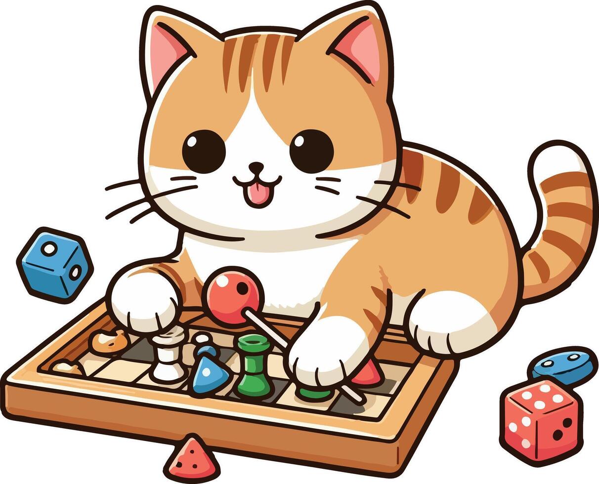 Cute cat on white background playing game. vector