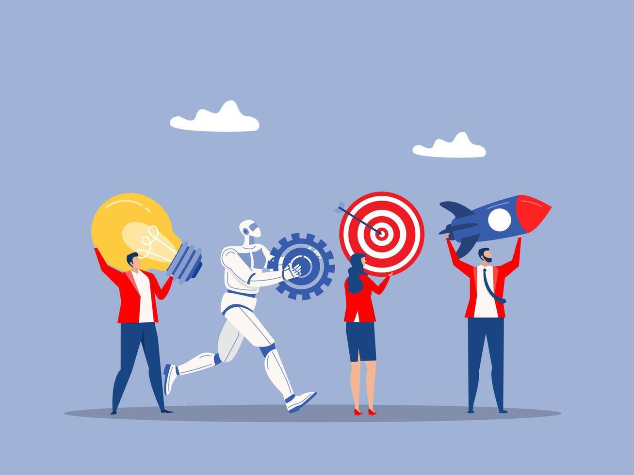 Business projects startup development innovation product ,Working with artificial intelligence, AI, team and robots running holding paper airplanes, light bulbs, gears, goals concept vector