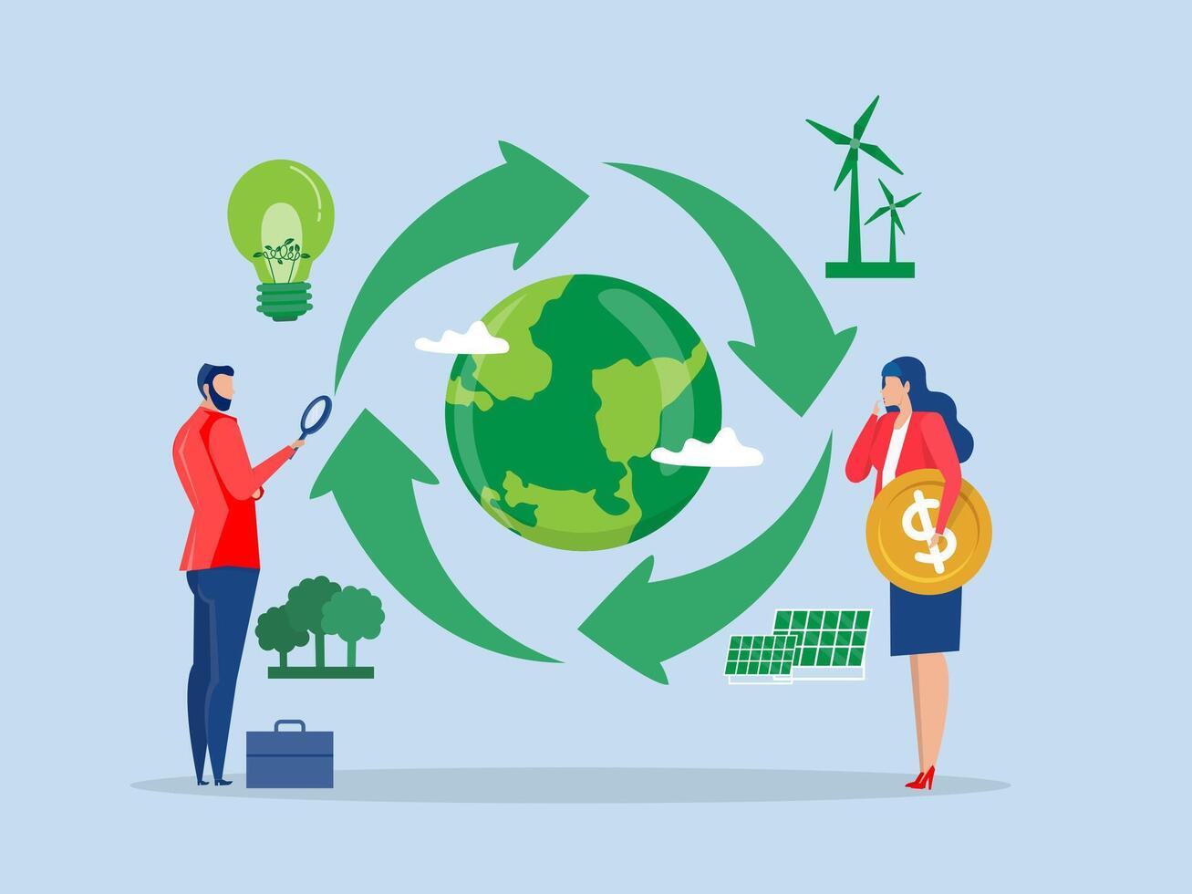 Economic cycle,Business people with magnifier on economic cycle for invests in renewable energy environmental eco economy sustainability concept illustration vector