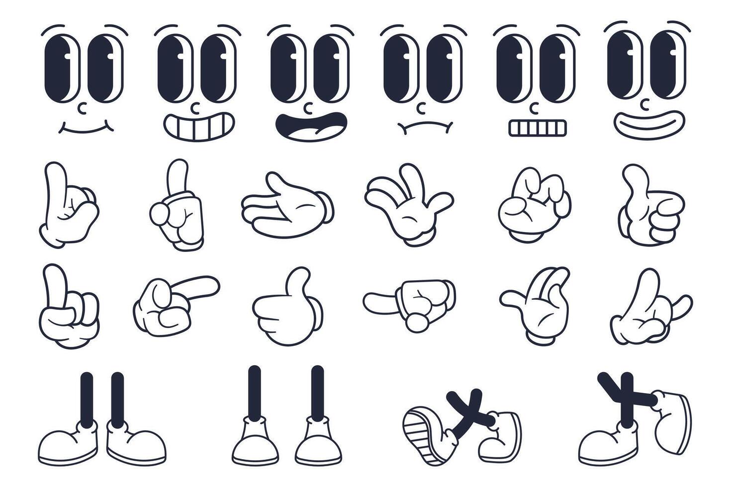 Retro Cartoon Character Expression Pack with Hands and Feet Poses. Comic groovy hands in gloves vector