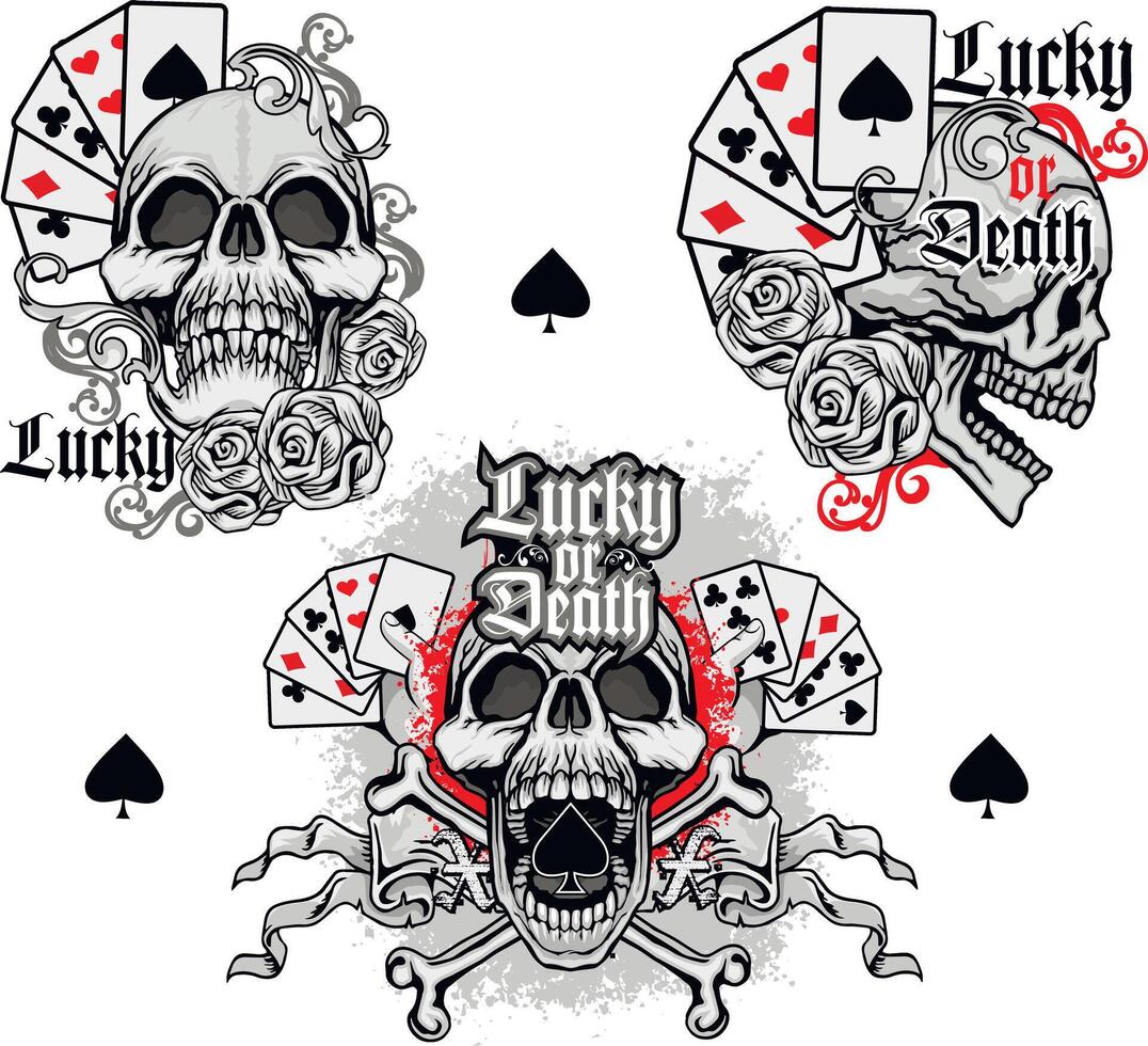 set skulls and poker playing card vector