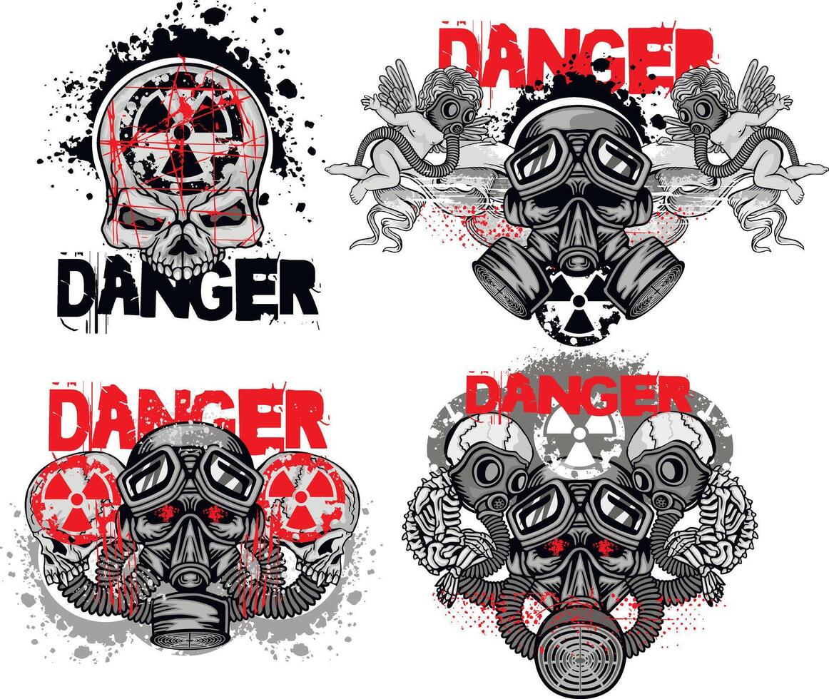 set, post-apocalypse sign with skull and gas mask vector