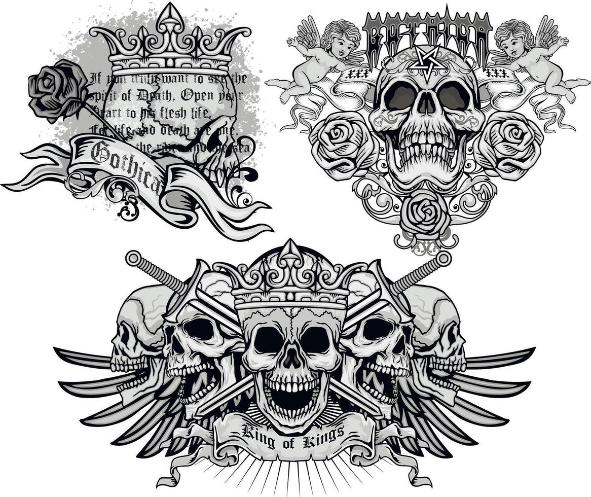 set, royal skulls with angels vector