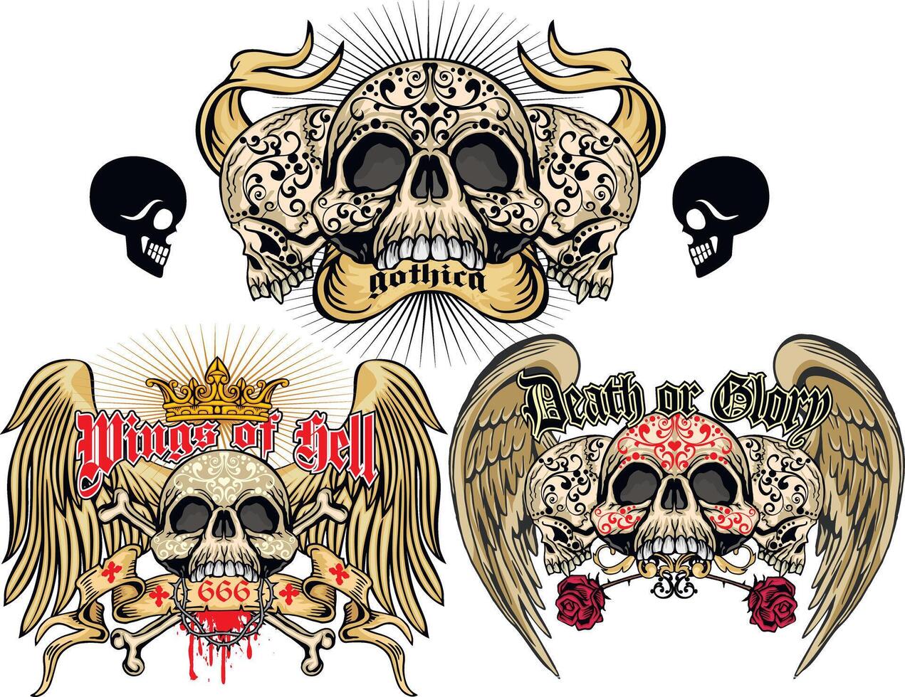 set, vintage skulls vector