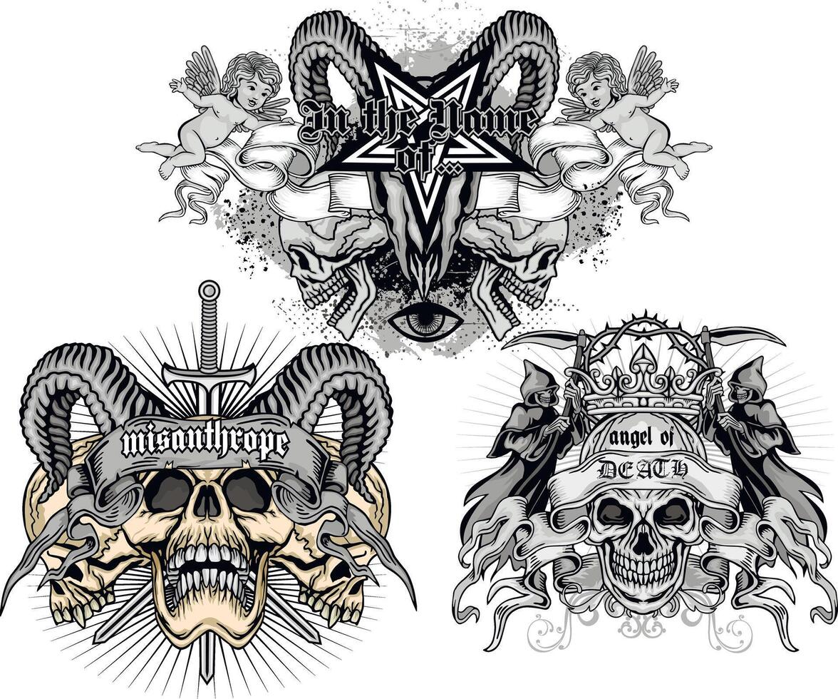 set, skull with angels vector