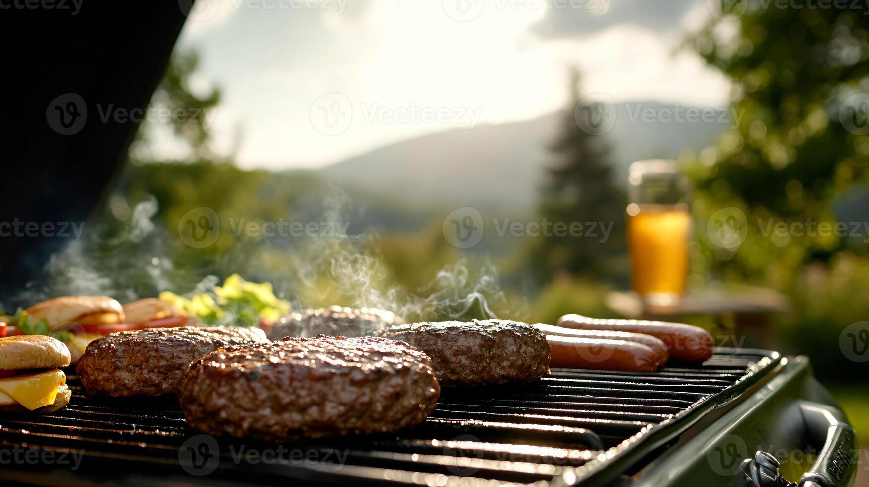 Beef or pork meat barbecue burgers for hamburger prepared grilled on bbq fire flame grill. . photo