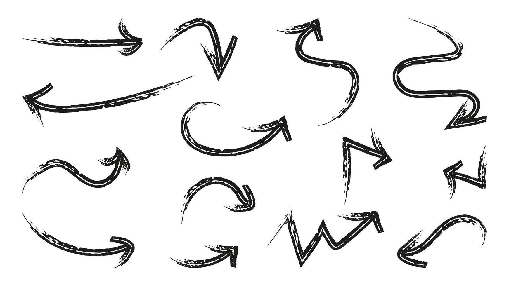 Arrows drawn with brushes for infographic design. Universal includes straight, curved, round and multi directional options. illustration. vector
